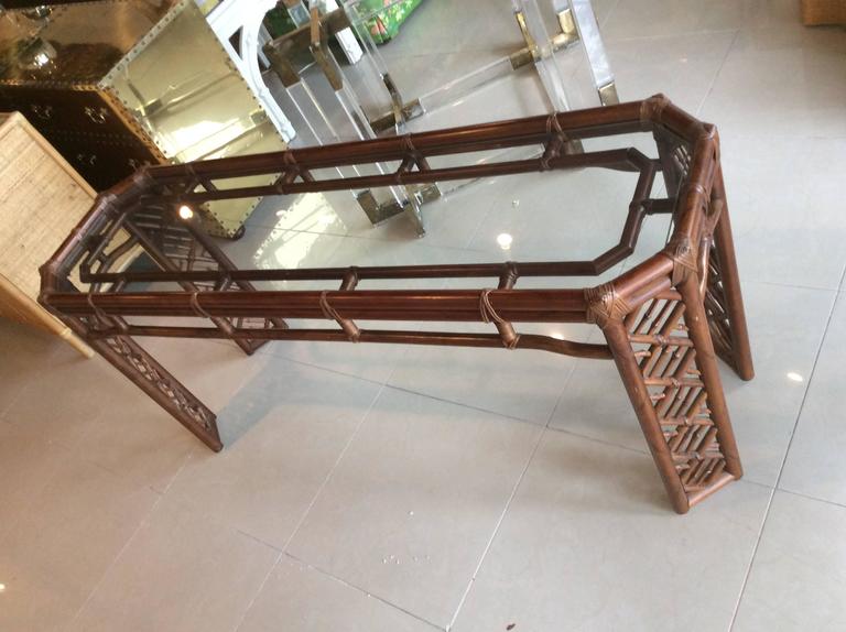 Brown Jordan Rattan Console Table Faux Bamboo Hollywood Regency Wicker