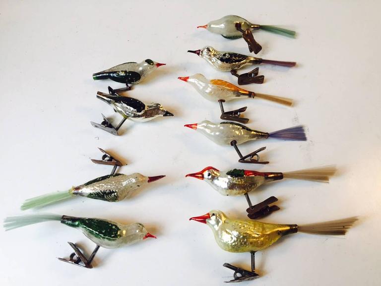 German Mercury Glass Clip on Birds Christmas Tree Ornaments, Group of