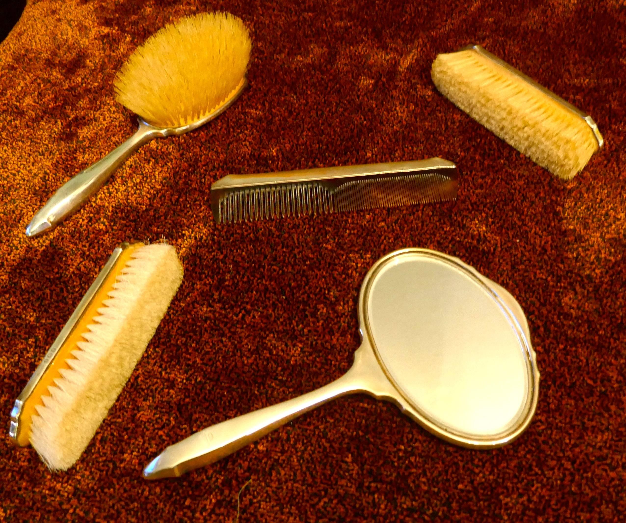 Solid Silver and Guilloché Dressing Table Vanity Set, Original Box at