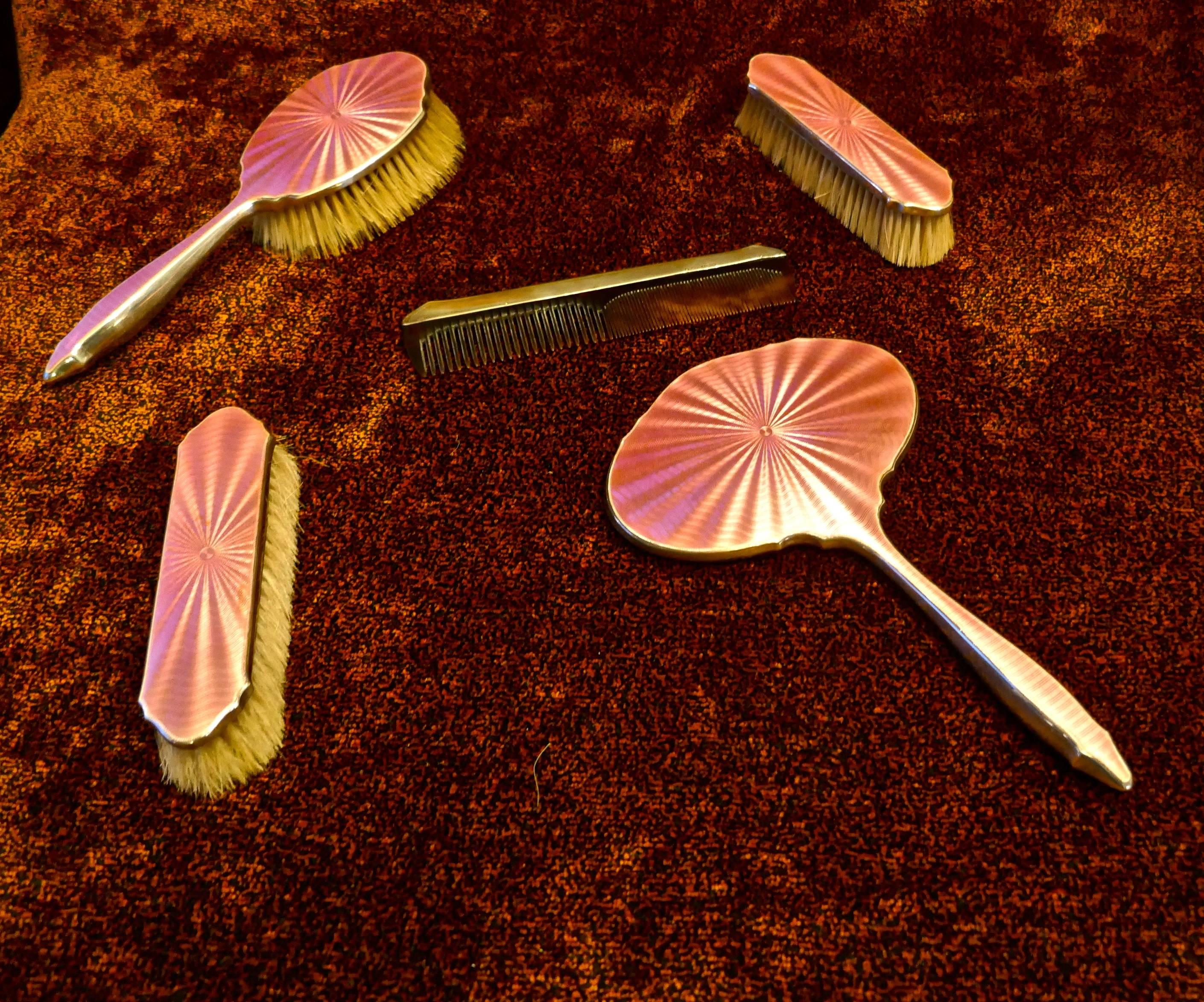 Solid Silver and Guilloché Dressing Table Vanity Set, Original Box at