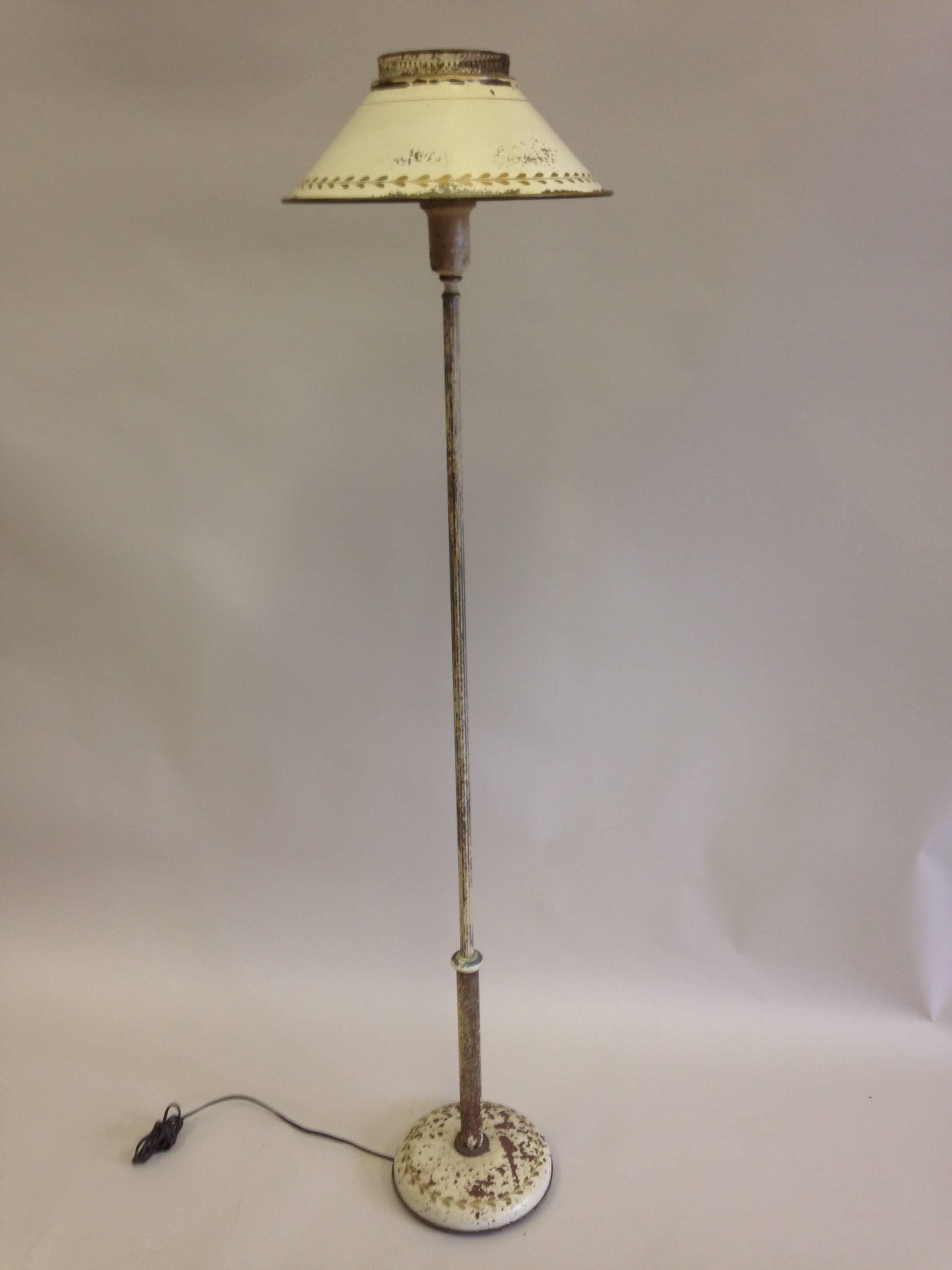 French Shabby Chic Floor Lamp in White Enameled Tole 'Tin, circa 1930