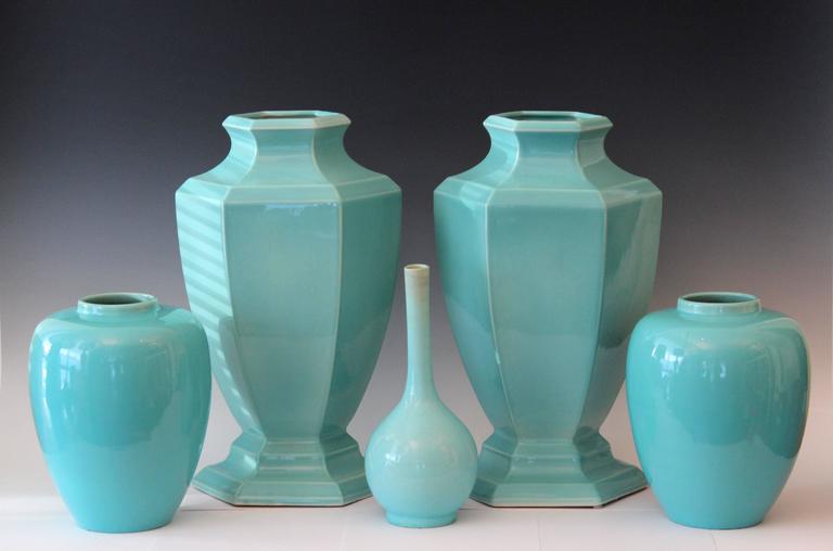 Pair of Art Deco Awaji Pottery Ginger Jar Vases Aqua Glaze at 1stdibs