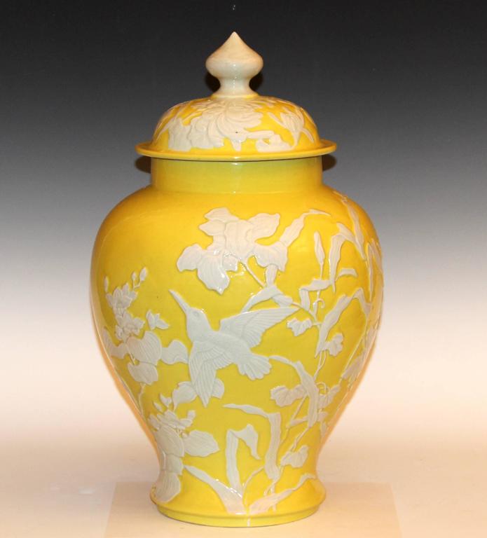 Antique Japanese Carved Studio Porcelain Yellow Covered Urn Vase For