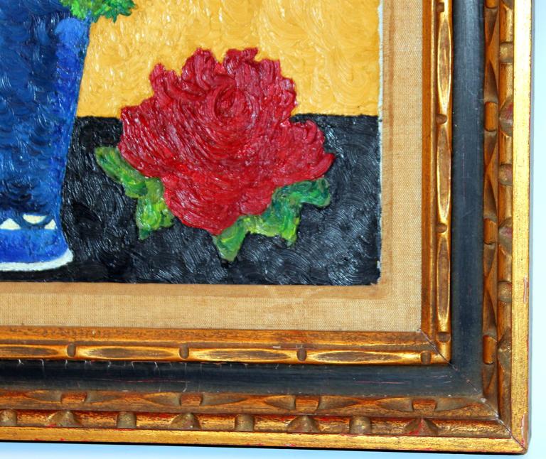 Vintage 1950s Large Framed Oil Painting on Canvas Still Life Flowers at