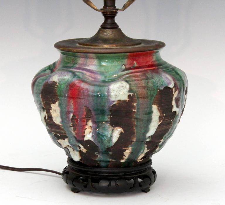 Awaji Pottery Carved and Pinched Lamp with Volcanic Flambe Drip Glaze