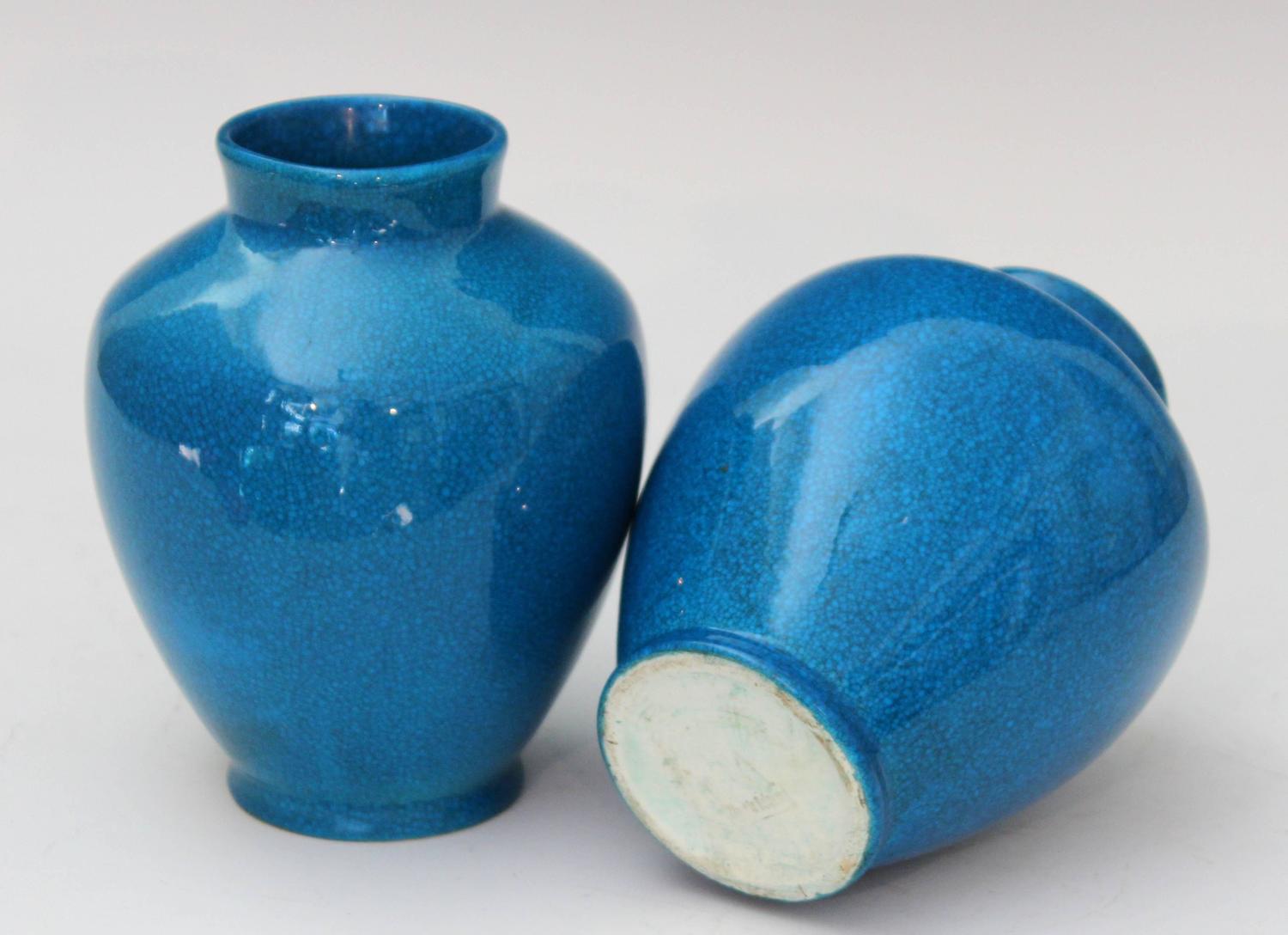 Pair of Vintage Boch Freres Art Deco Turquoise Crackle Glaze Pottery