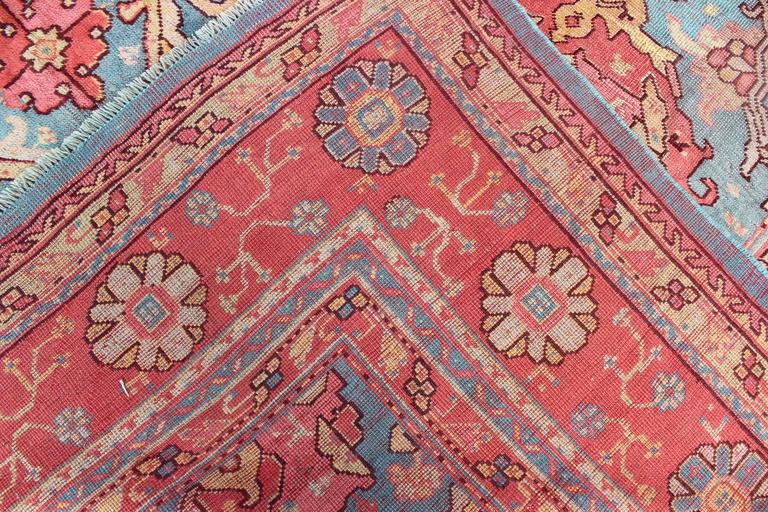Antique Colorful Turkish Oushak Rug with Teal Color For Sale at 1stDibs