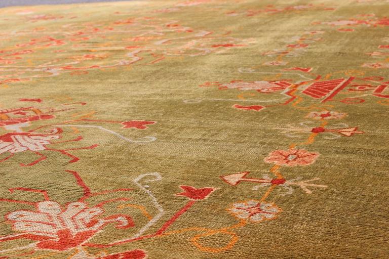 Antique Turkish Oushak Rug in Moss Green Field and Rich Colorful Accent For Sale at 1stDibs