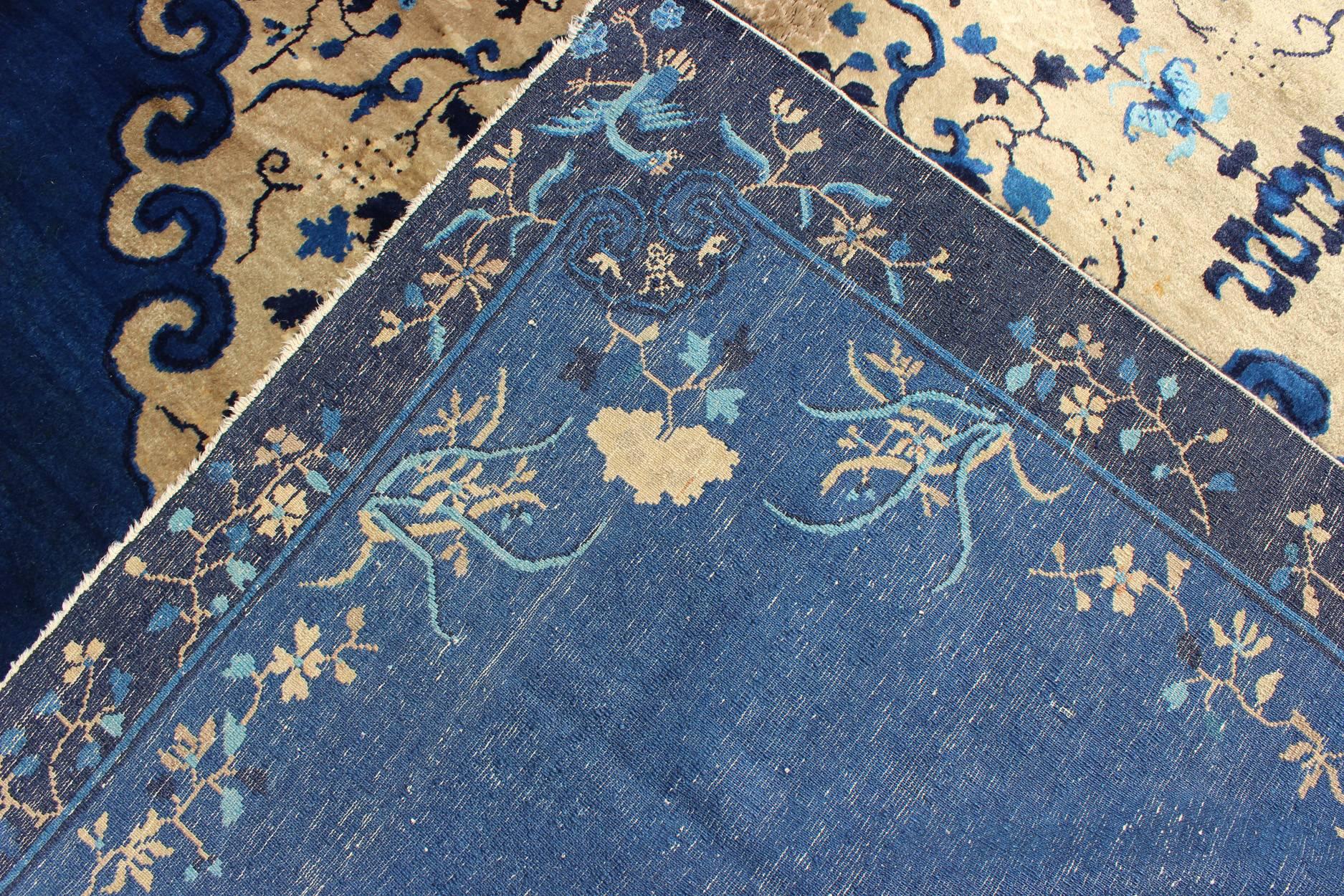 Antique Chinese Peking Rug in Royal Blue and Gold For Sale at 1stDibs