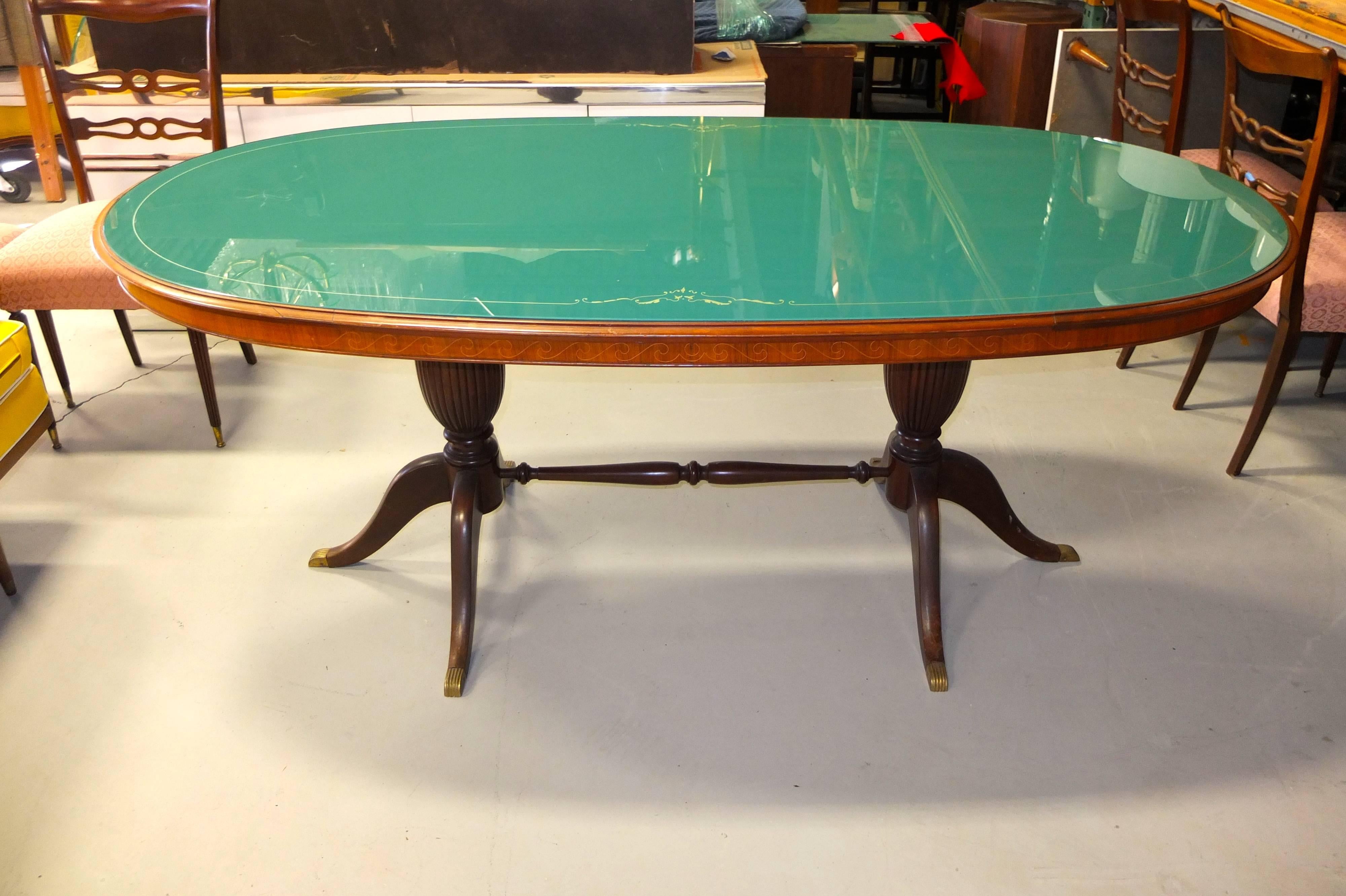 1950s Italian Oval Rosewood Dining Table with Green Glass Top For Sale
