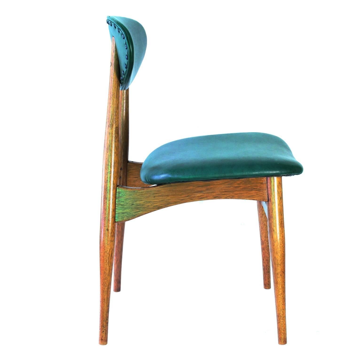 Set of Four Danish Teak Dining Chairs with Green Vinyl Backs and Seats
