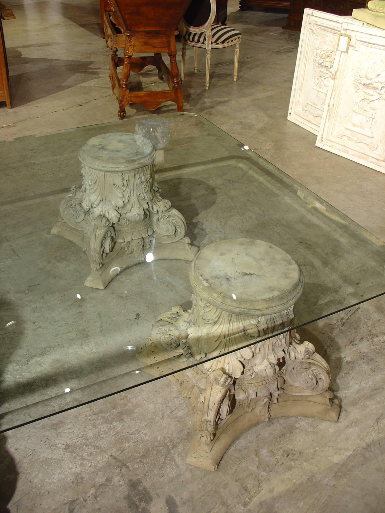 Beveled Glass Top Coffee Table on Cast Stone Corinthian Capital Bases