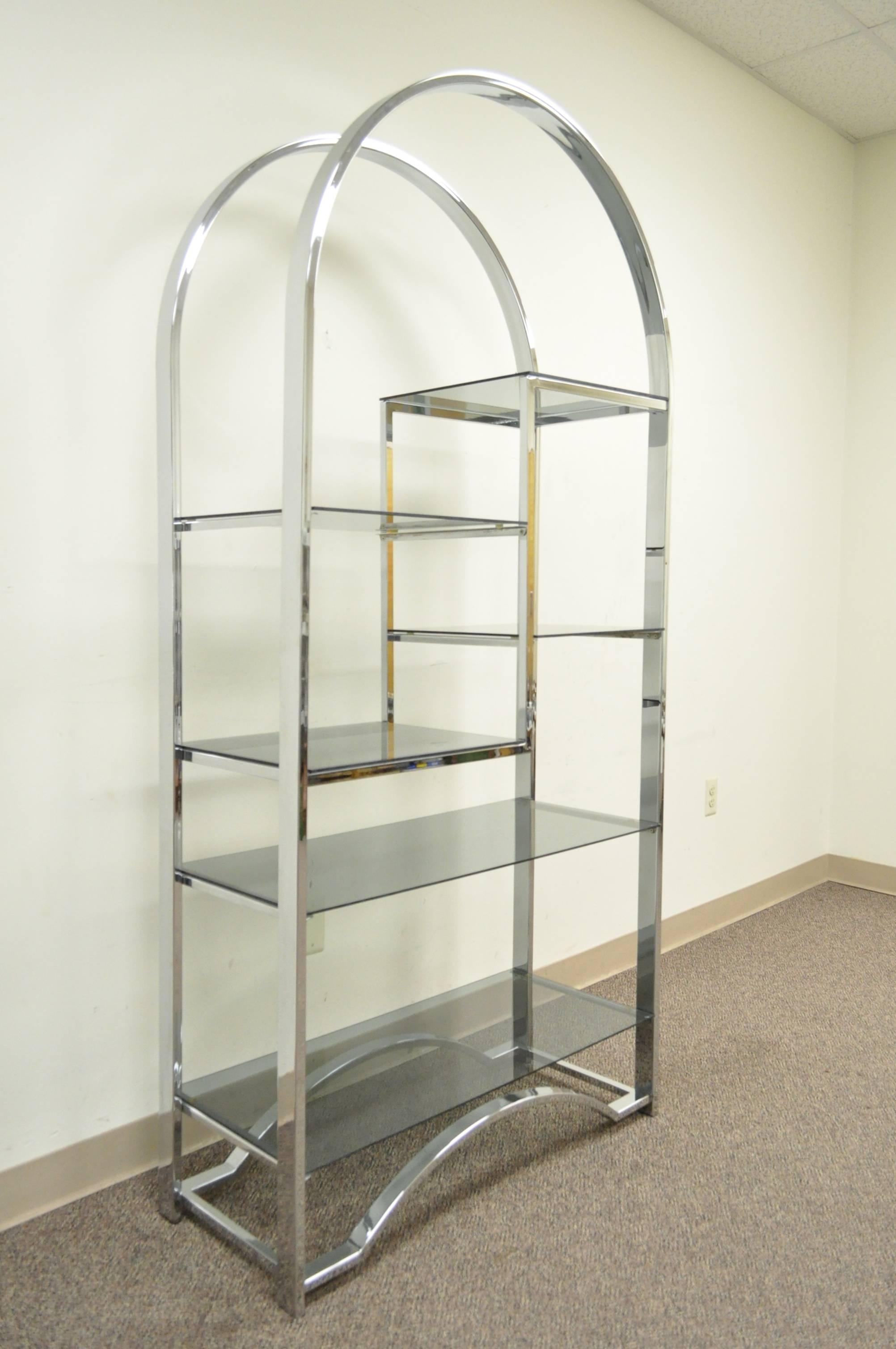 Mid Century Modern Chrome and Smoked Glass Arch Etagere Shelf after