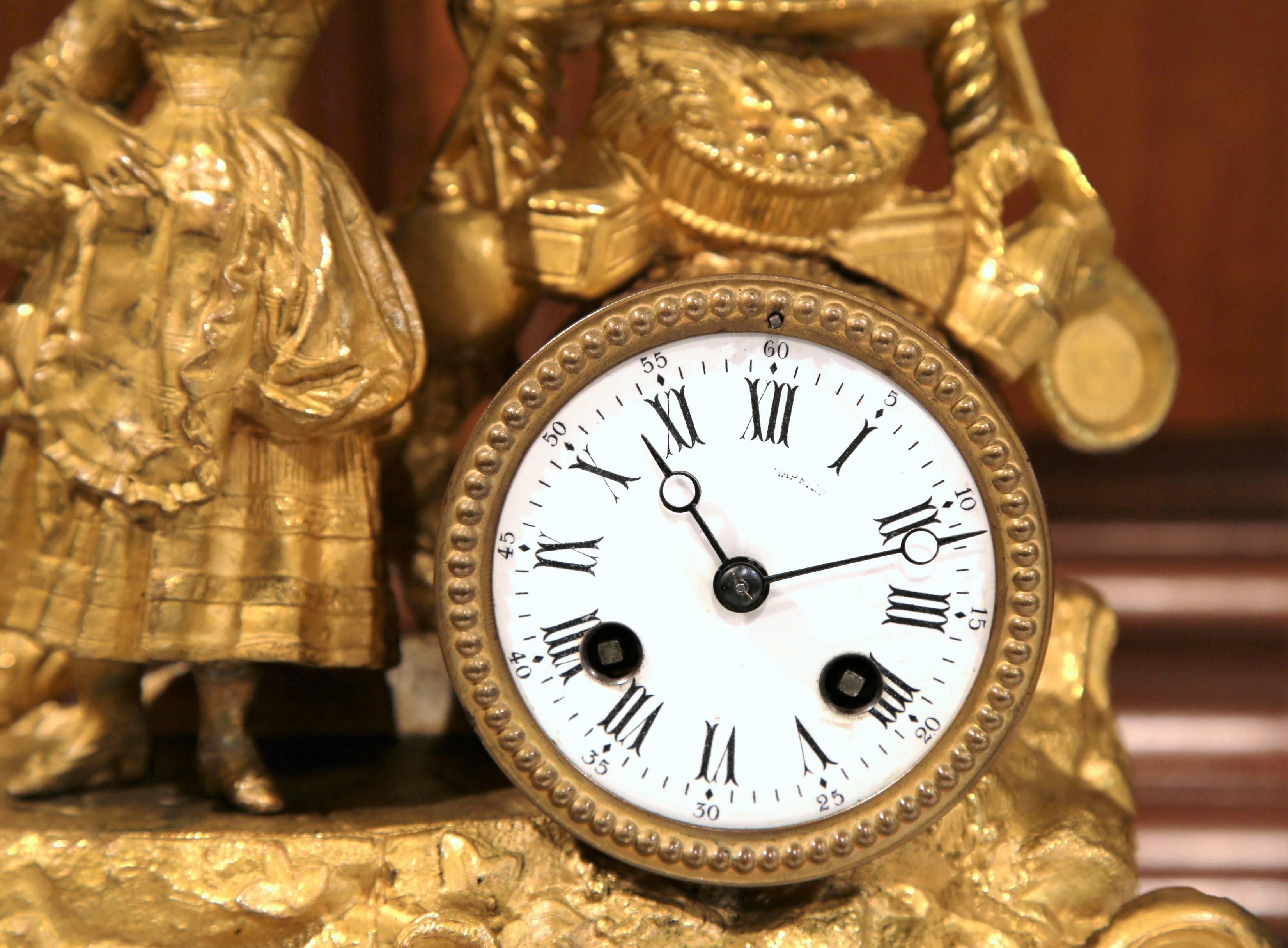 19th Century French GoldPlated Mantel Clock with Carved Wooden Gold Leaf Base at 1stDibs