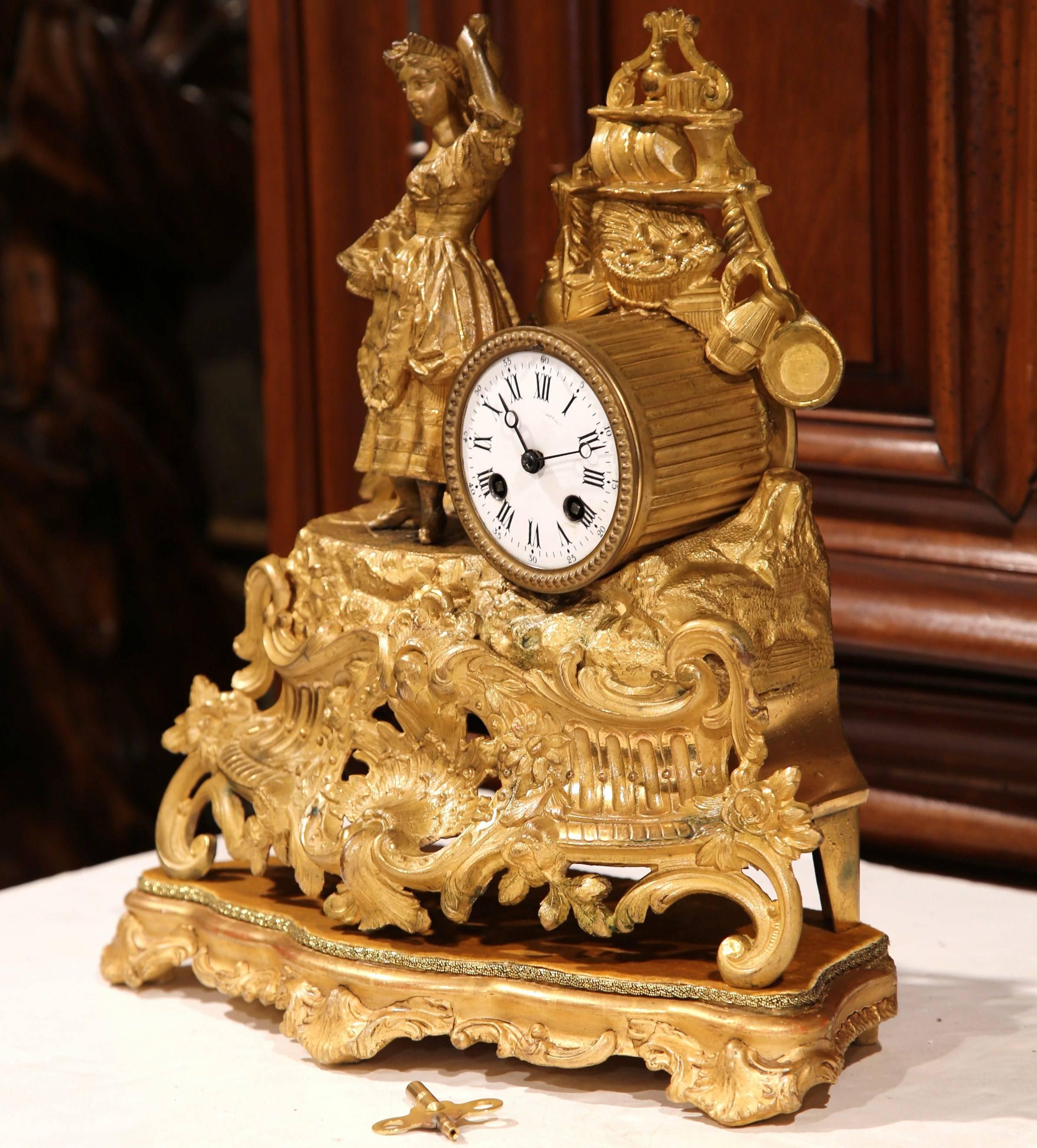 19th Century French GoldPlated Mantel Clock with Carved Wooden Gold Leaf Base at 1stDibs