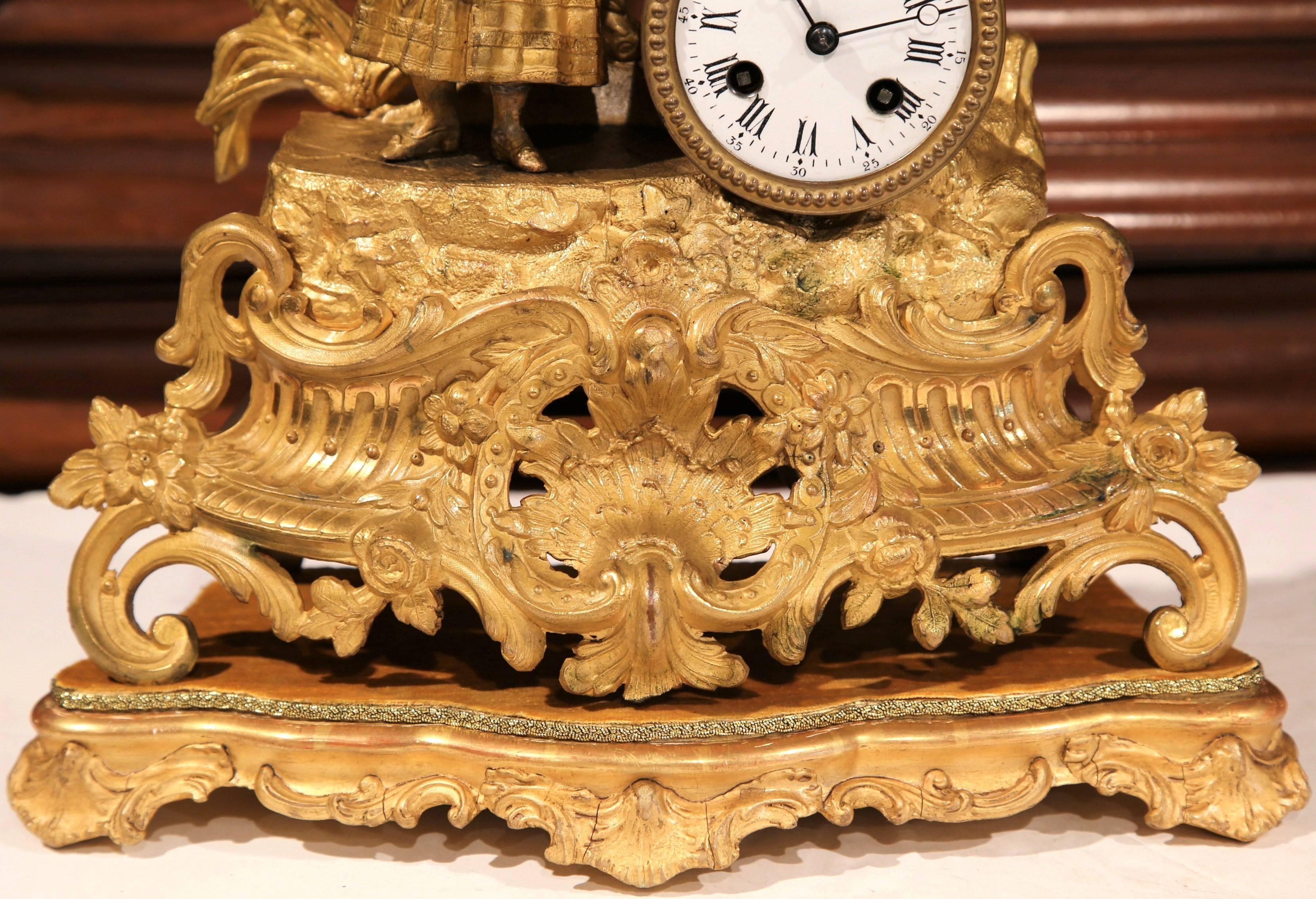 19th Century French GoldPlated Mantel Clock with Carved Wooden Gold Leaf Base at 1stDibs