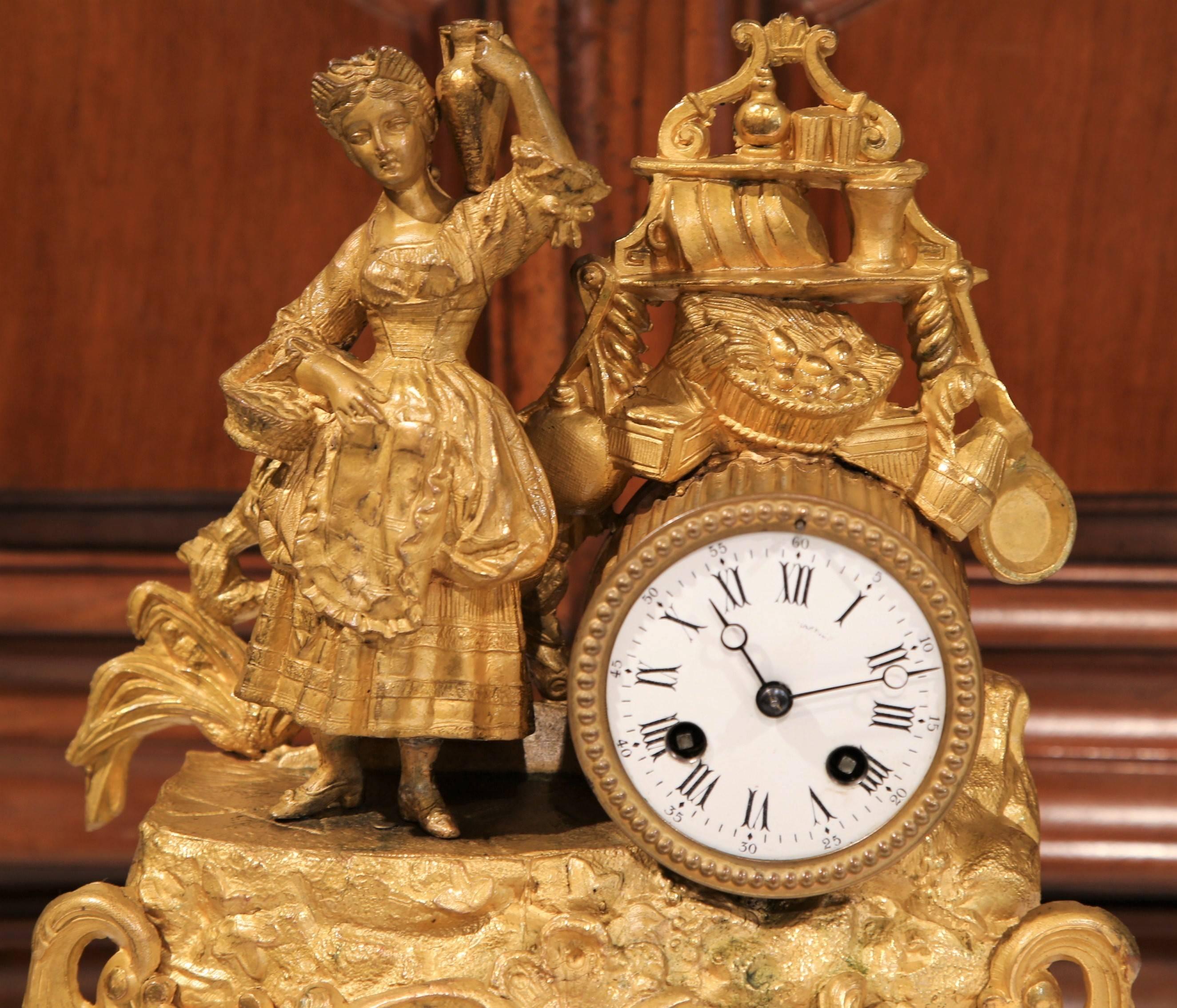 19th Century French GoldPlated Mantel Clock with Carved Wooden Gold