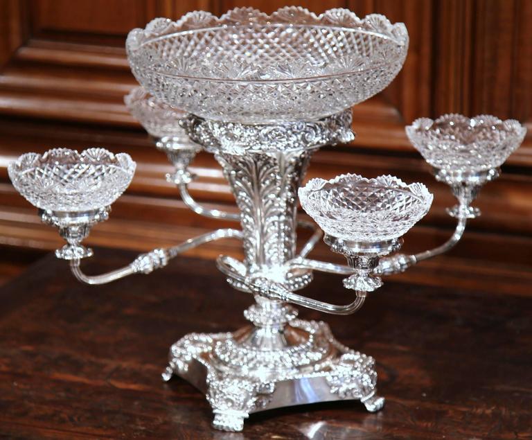 19th Century English Silver Plated Epergne Centerpiece with Five Cut