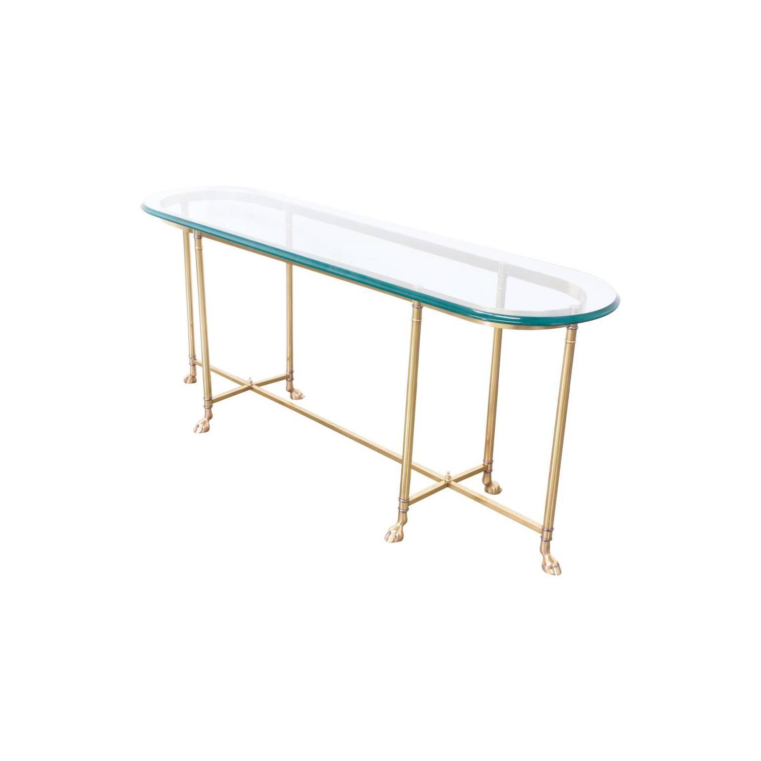 Vintage Brass Hoof Foot Console Table with Glass Top For Sale at 1stdibs