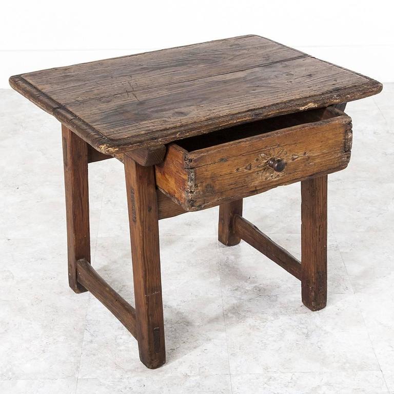 19th Century French Rustic Primitive Style Pine Side Table with Drawer
