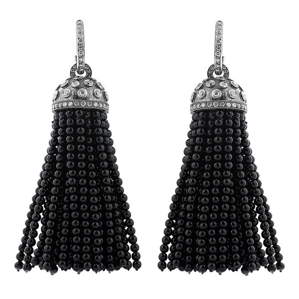 Onyx Diamond Gold Tassel Earrings For Sale at 1stDibs
