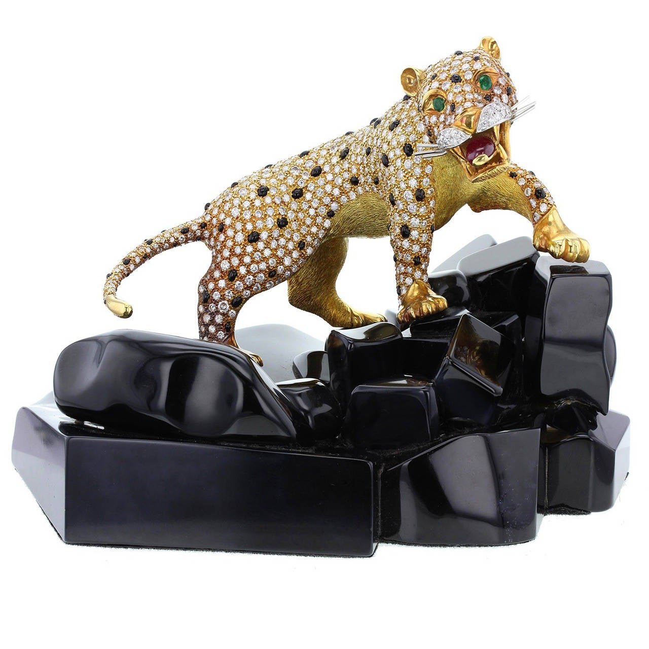 Diamond Emerald Ruby Gold Panther Onyx Rock Objet D'Art