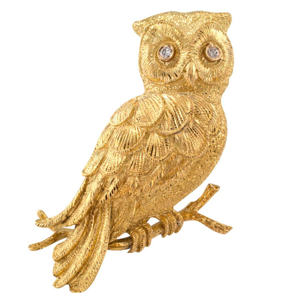 Elegant Diamond Gold Owl Brooch For Sale at 1stdibs
