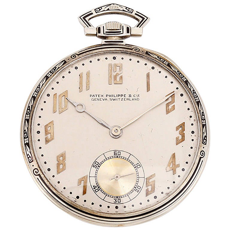 Patek Philippe White Gold Art Deco Pocket Watch with Enamel Pattern Bezel at 1stDibs patek