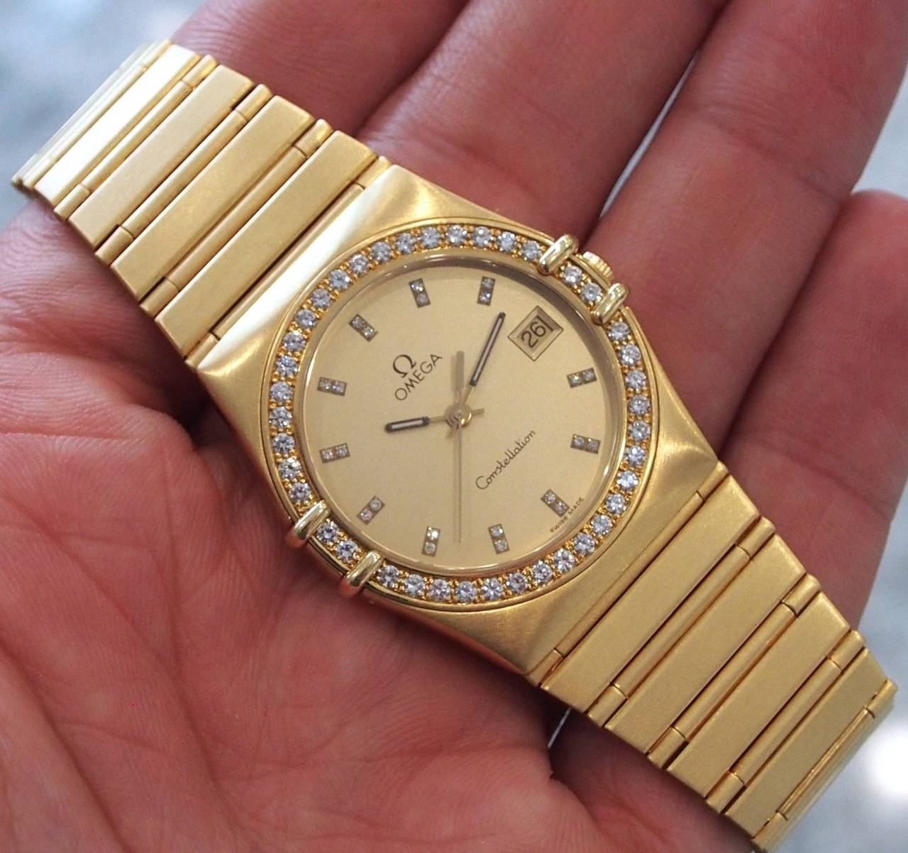 Omega Yellow Gold Diamond Constellation Quartz Wristwatch For Sale at