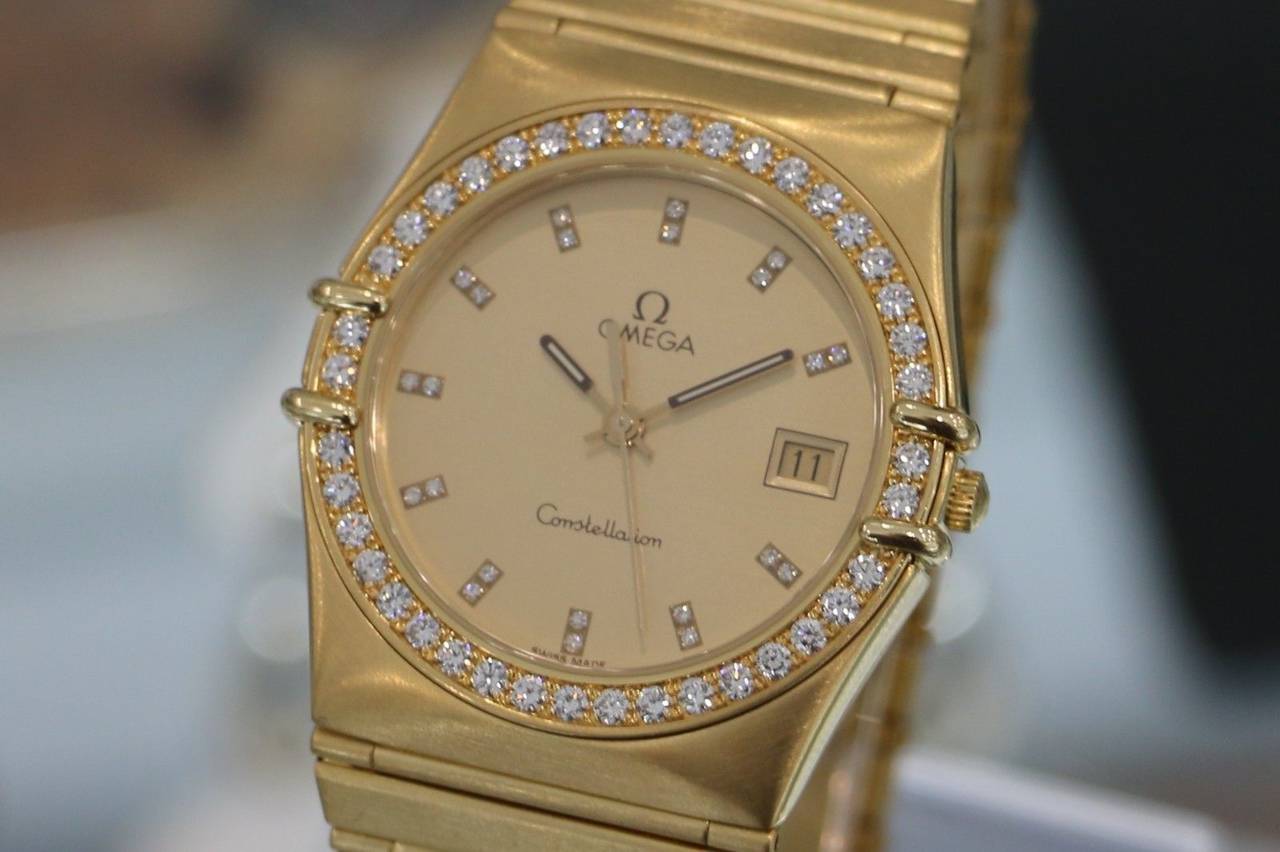 Omega Yellow Gold Diamond Constellation Quartz Wristwatch For Sale at
