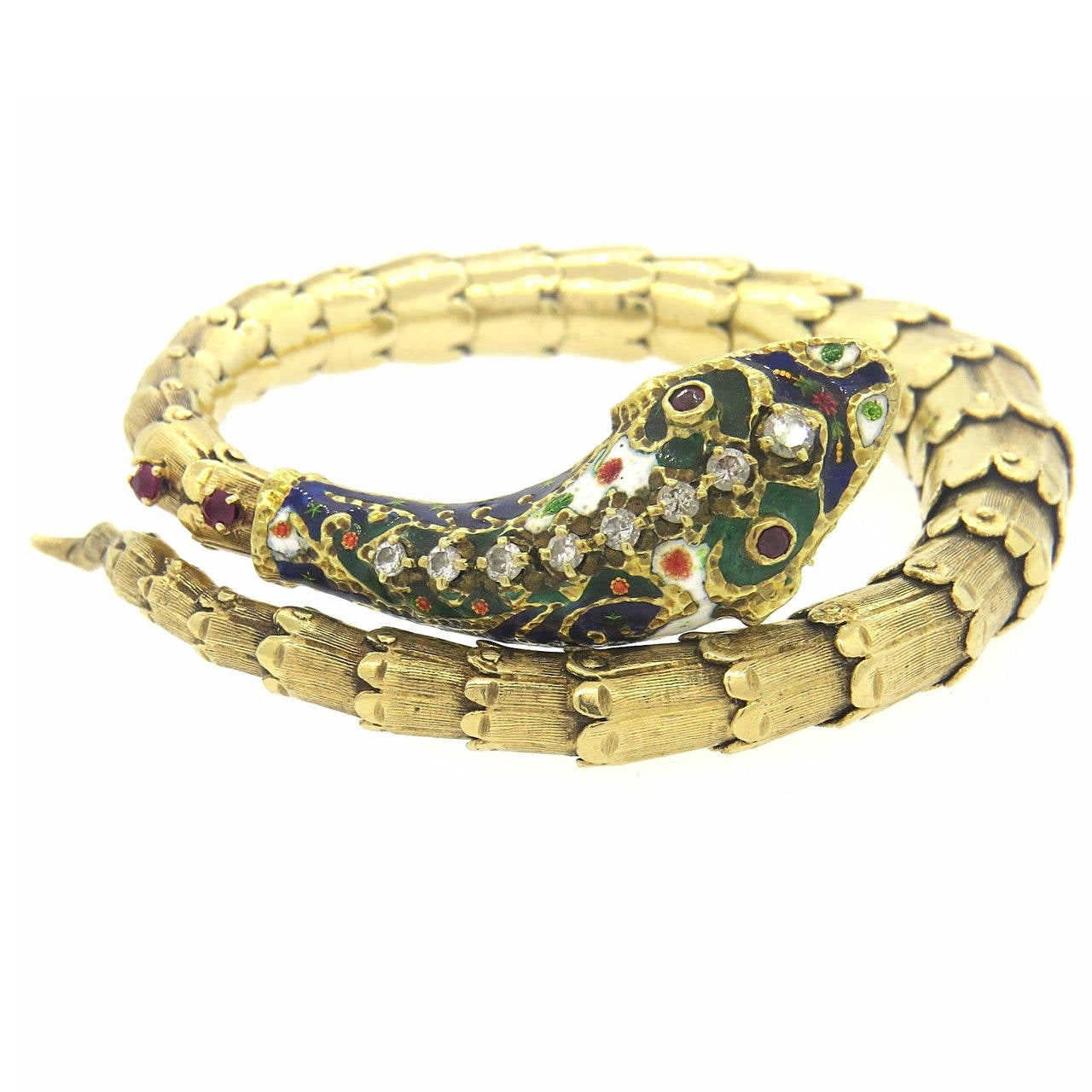 1950s Enamel Ruby Diamond Gold Snake Bracelet at 1stdibs