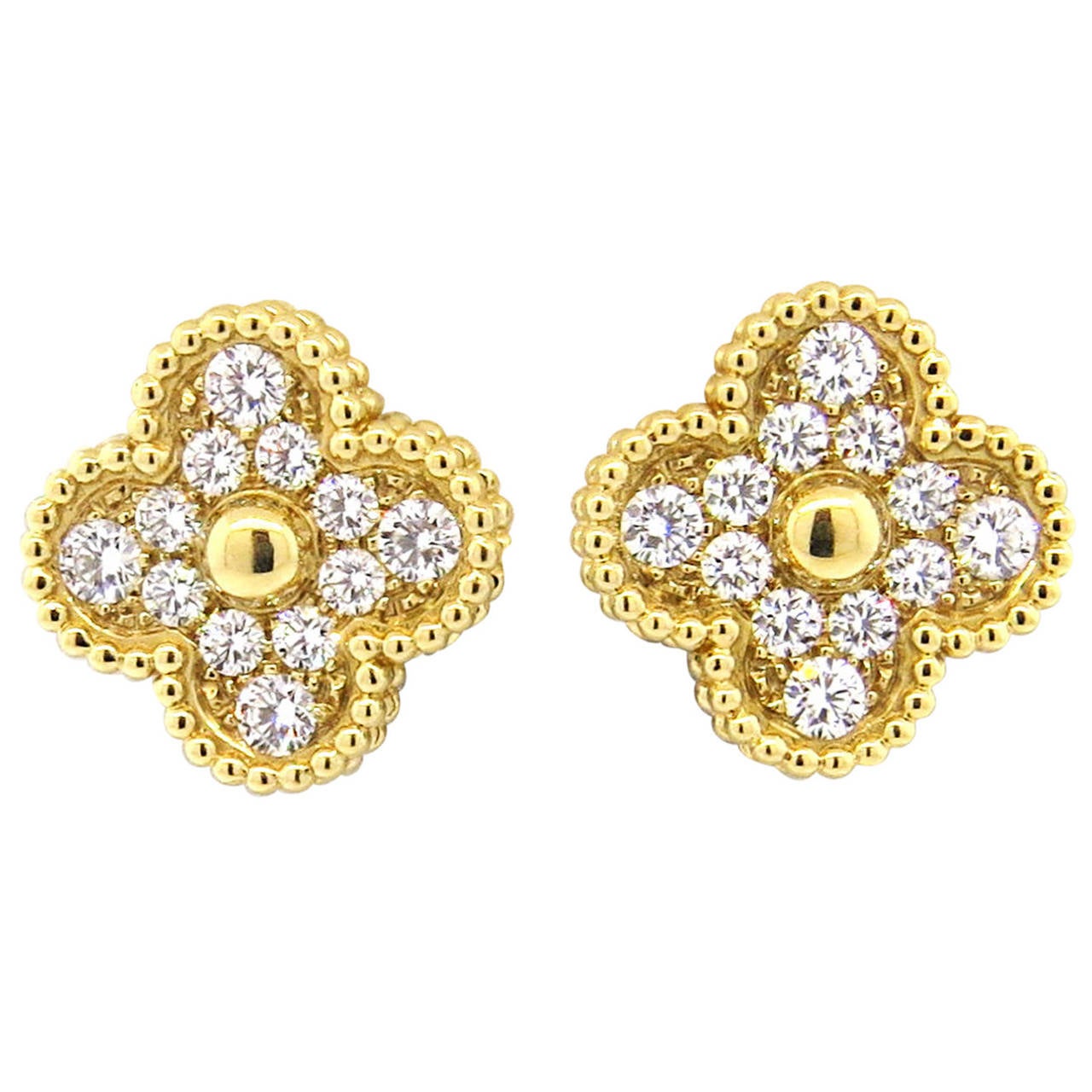 Van Cleef and Arpels Vintage Alhambra Diamond Gold Earrings at 1stDibs