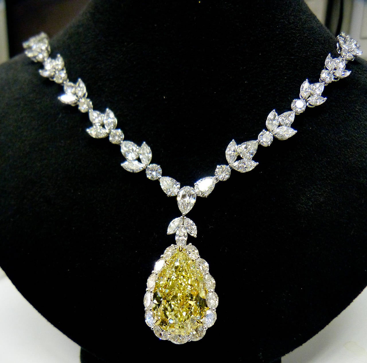 Magnificent 35.31 Carat Fancy Intense Yellow Pear Diamond Necklace For