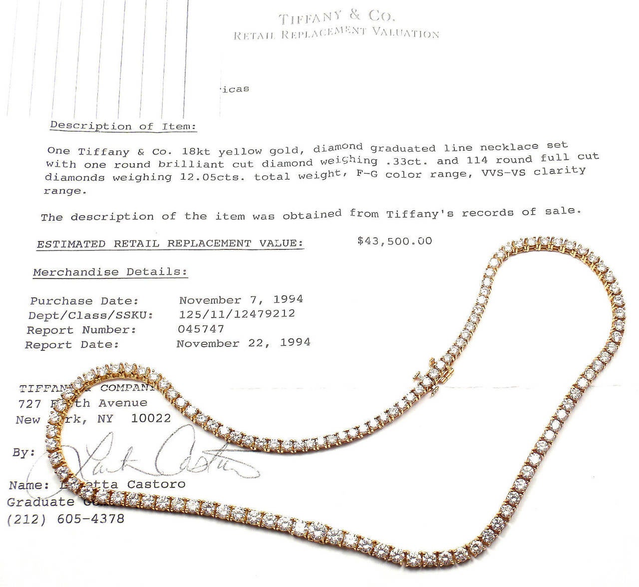 Tiffany and Co. 12.38 Carat Diamond Gold Tennis Necklace at 1stDibs