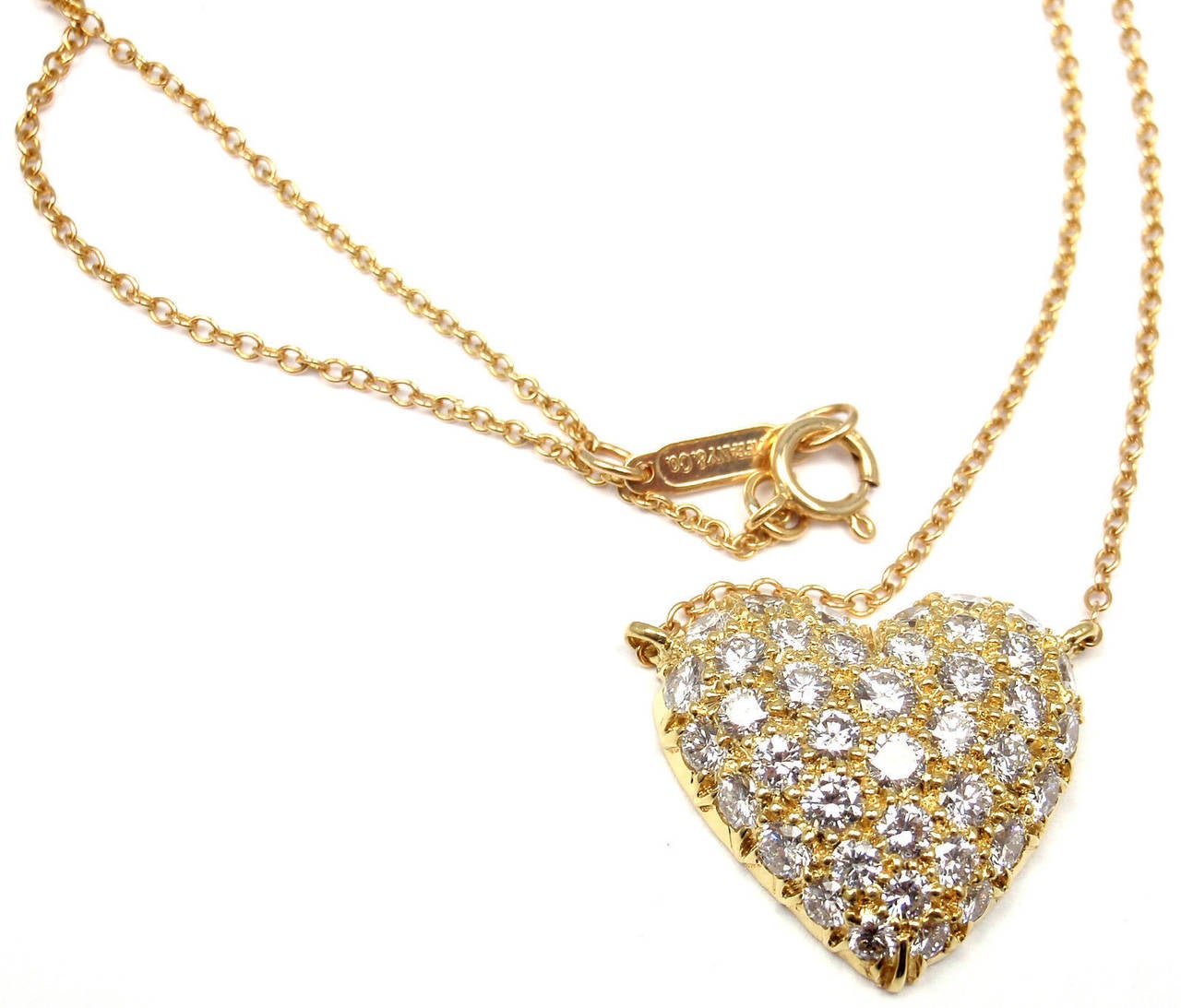 Tiffany and Co. Pave Diamond Gold Puffed Heart Pendant Necklace at