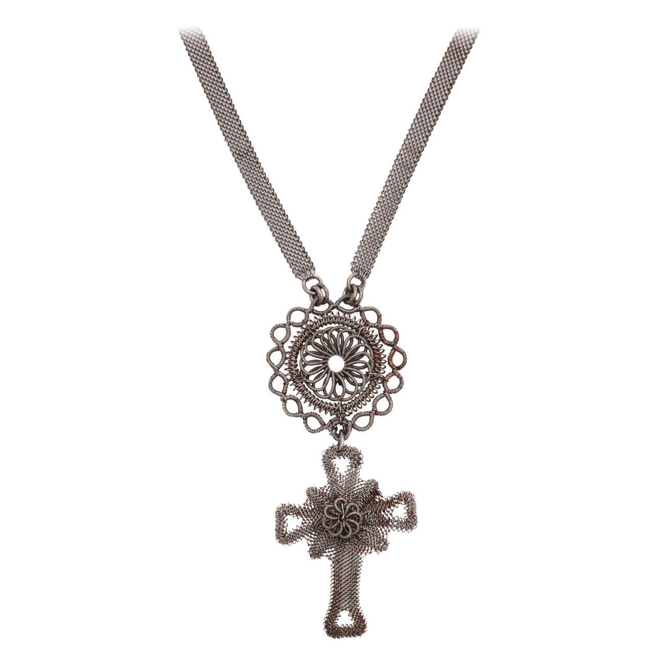 Silesian Wirework Iron Cross and Medallion Necklacec .1800 For Sale at