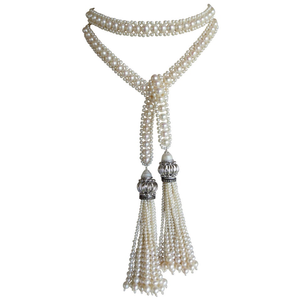 White Pearl Sautoir Necklace with Rhodium Plated Silver Beads and Pearl