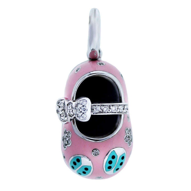 Aaron Basha White Gold Pink Enamel Diamond Baby Shoe Charm at 1stDibs