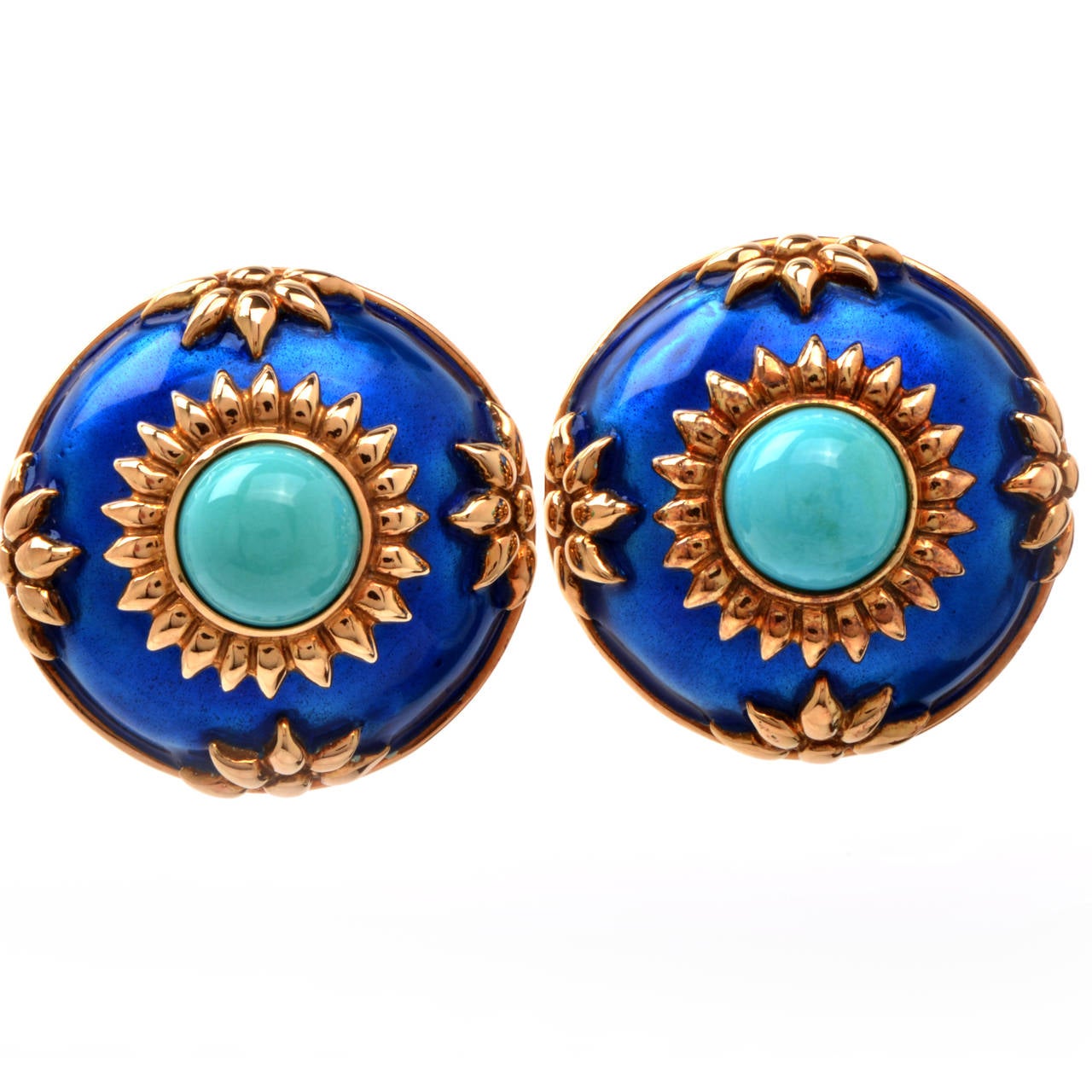 Blue Enamel Turquoise Repousse Gold Clip Earrings at 1stDibs