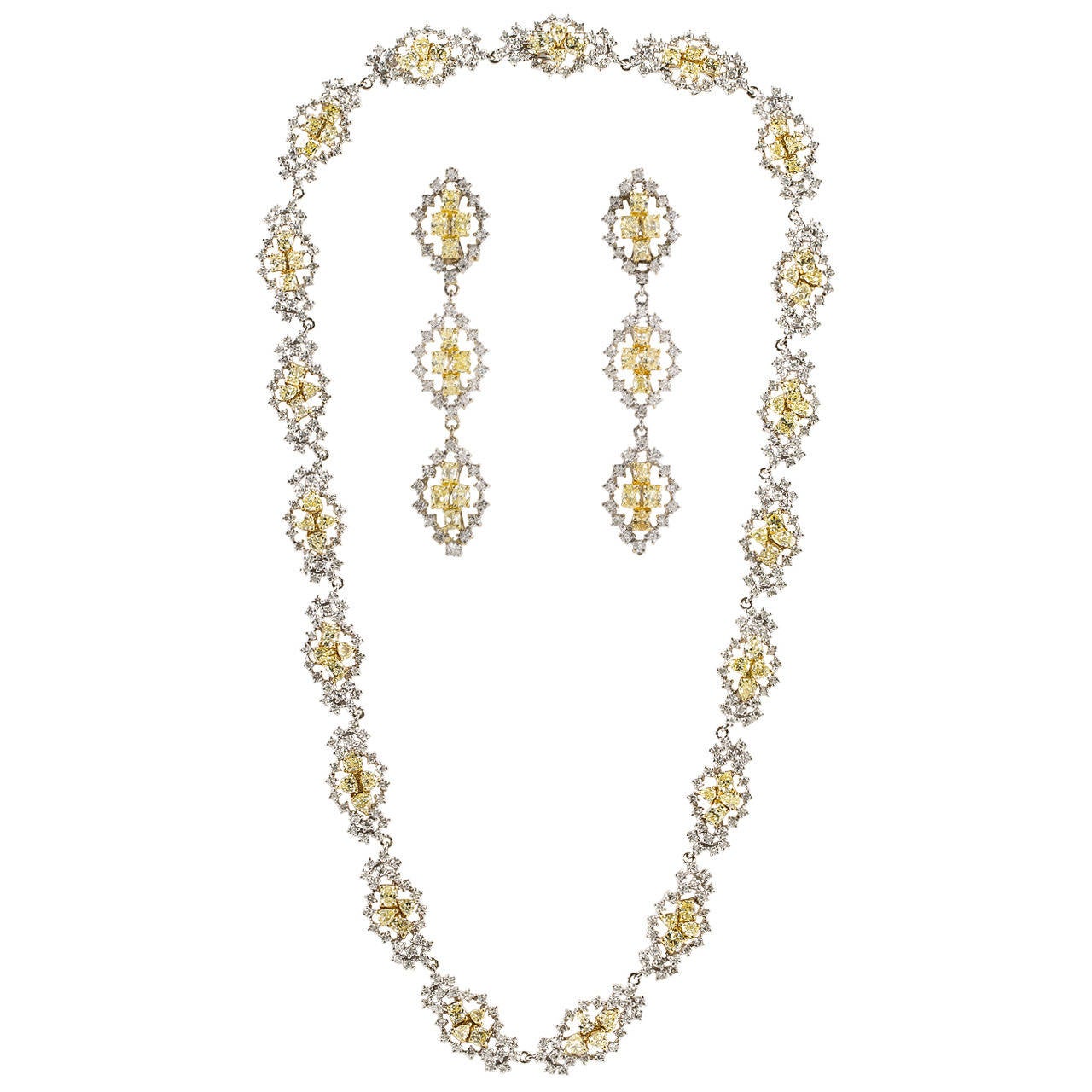 Multishape Yellow and White Diamond Necklace and Earrings Set For Sale at 1stDibs