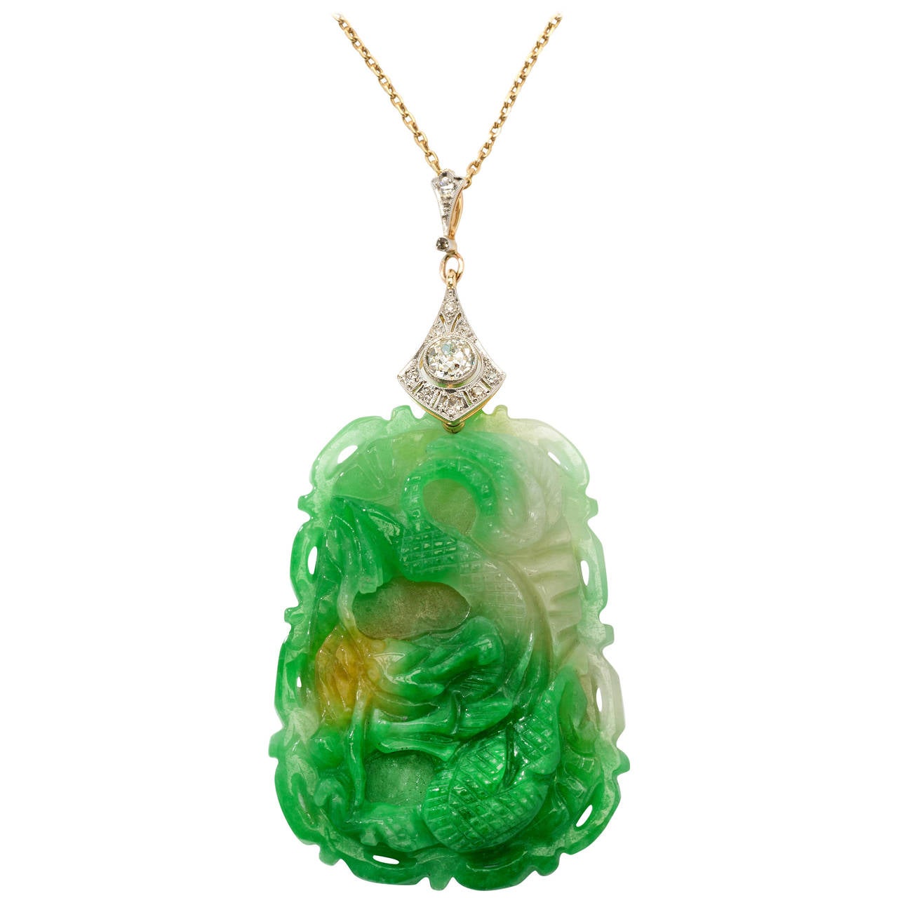 Carved Jade Diamond Gold Pendant For Sale at 1stdibs