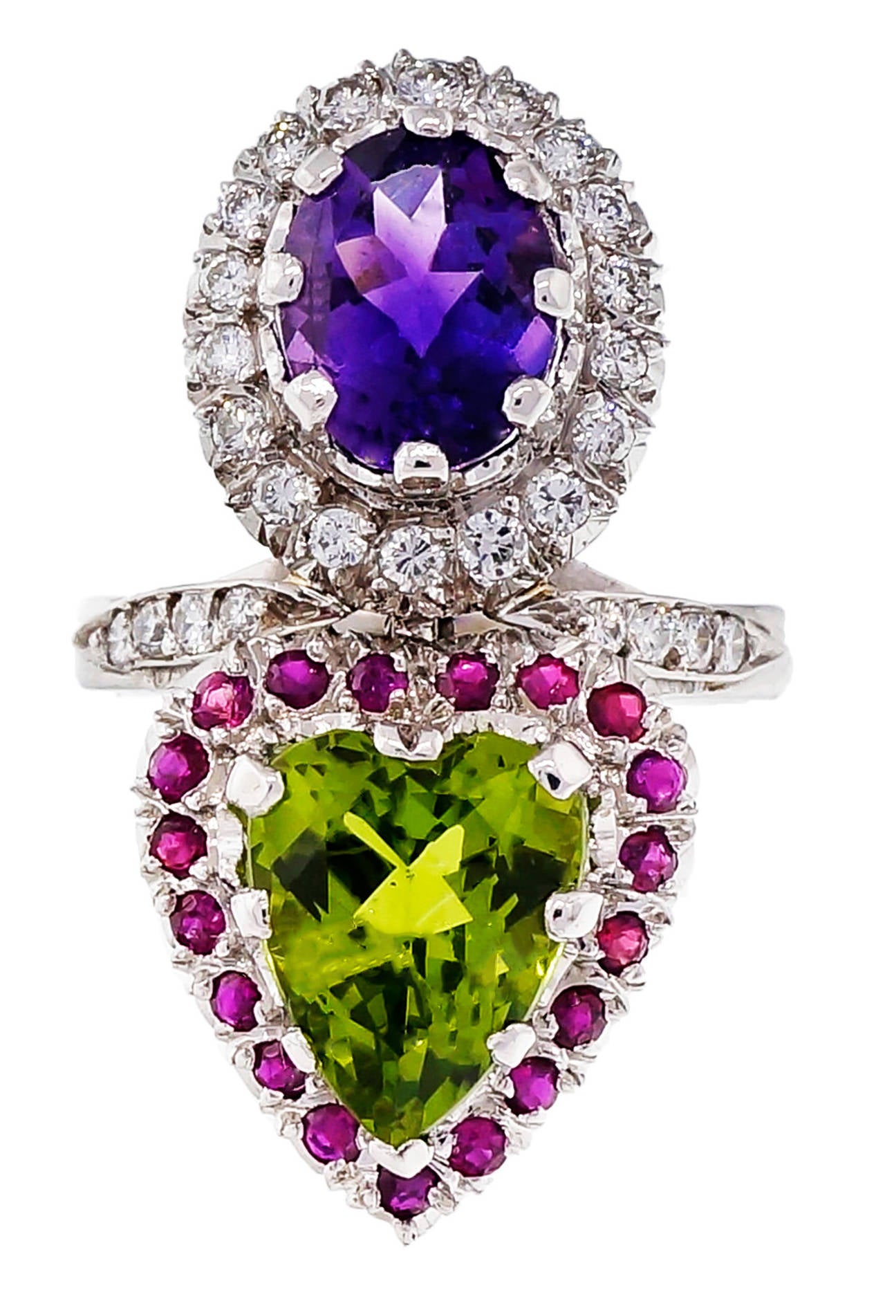 Peridot Amethyst Ruby Diamond Platinum Ring For Sale at 1stdibs