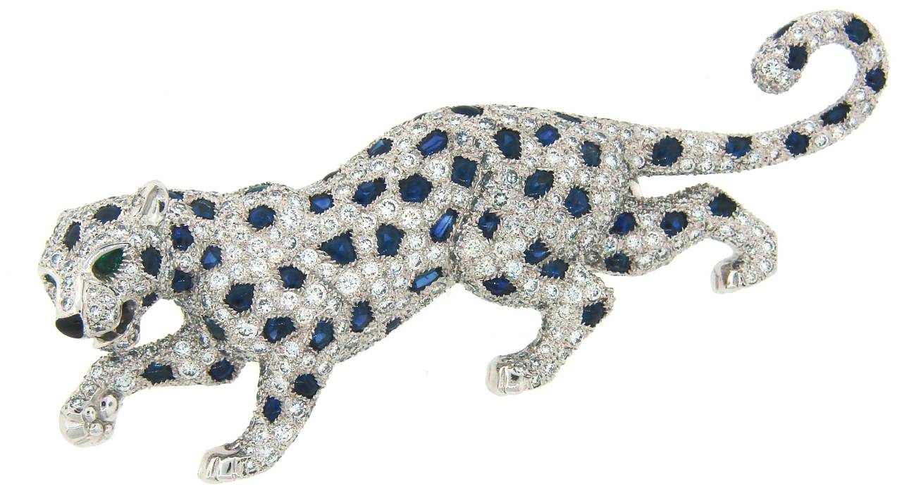 Cartier Sapphire Diamond Platinum Panthere Brooch Pin at 1stDibs