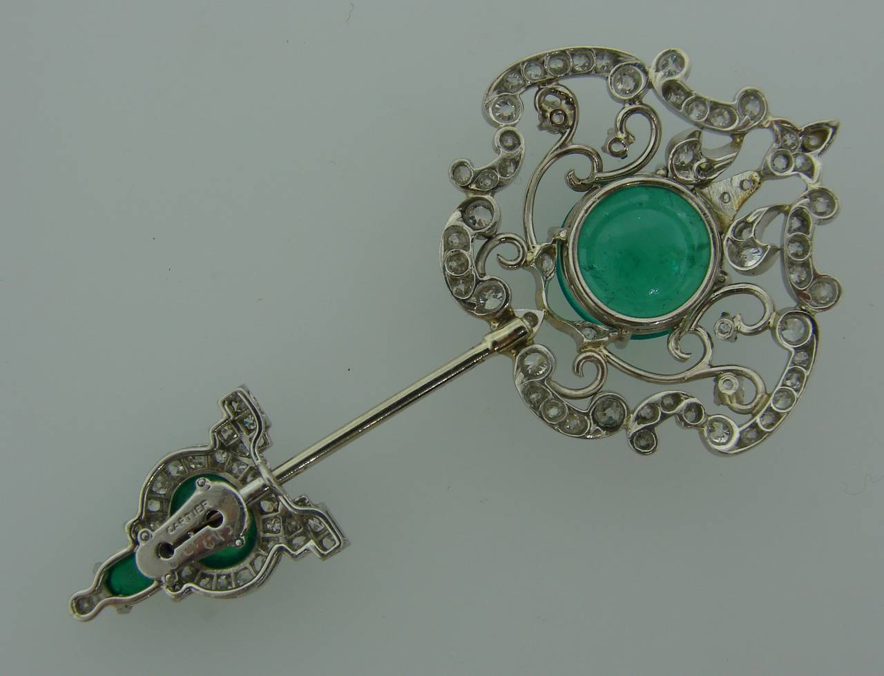 Cartier Art Deco Emerald Diamond Platinum Jabot Pin Brooch at 1stDibs