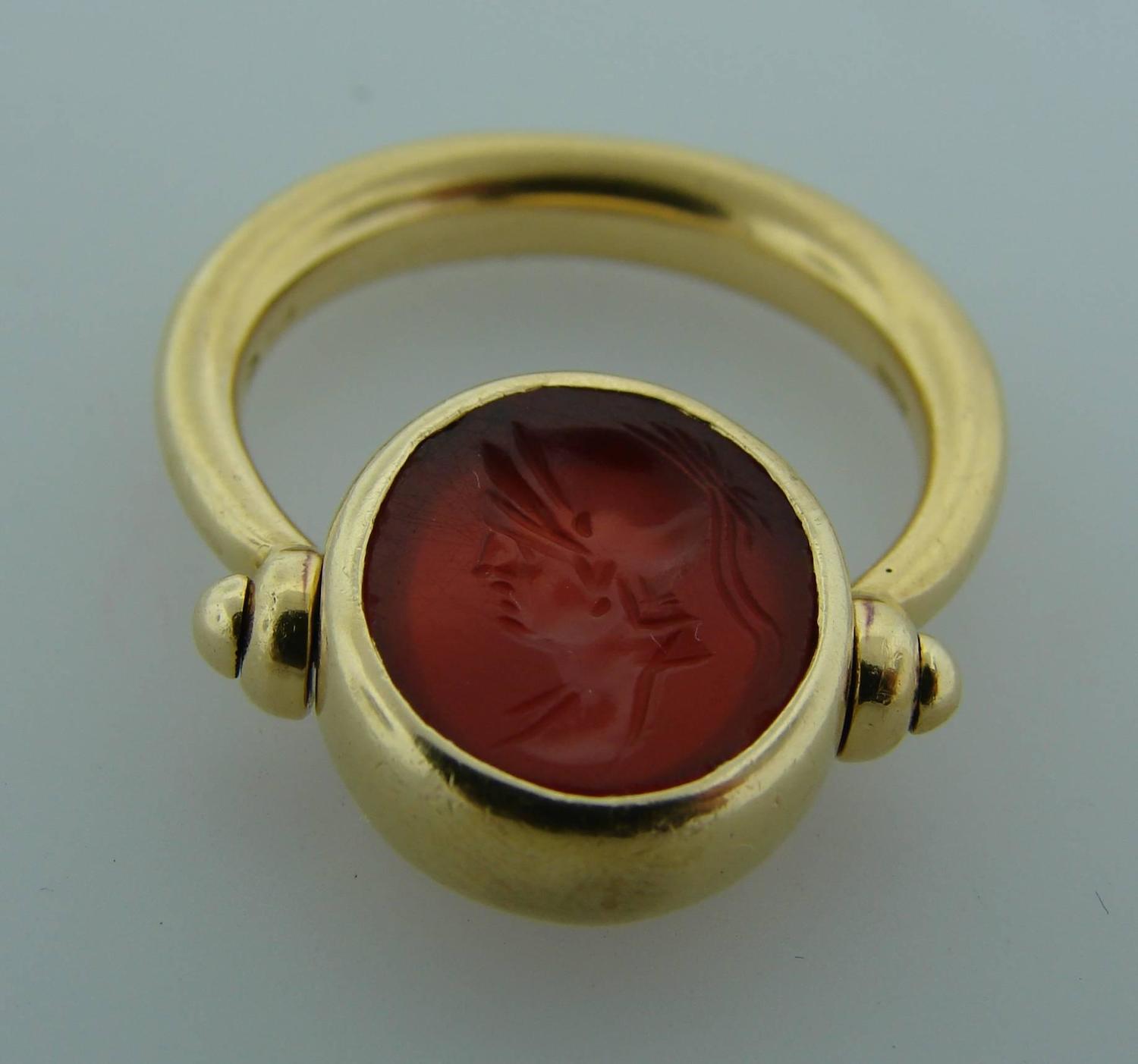1970s BULGARI BVLGARI Carved Carnelian Intaglio Yellow Gold Ring at 1stdibs