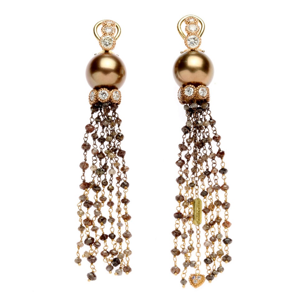 Stambolian Chocolate Pearl Diamond Gold Drop Earrings For Sale at 1stdibs