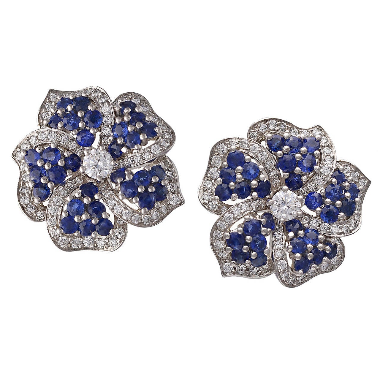 Tiffany and Co. Sapphire Diamond Platinum Flower Earclips at 1stDibs
