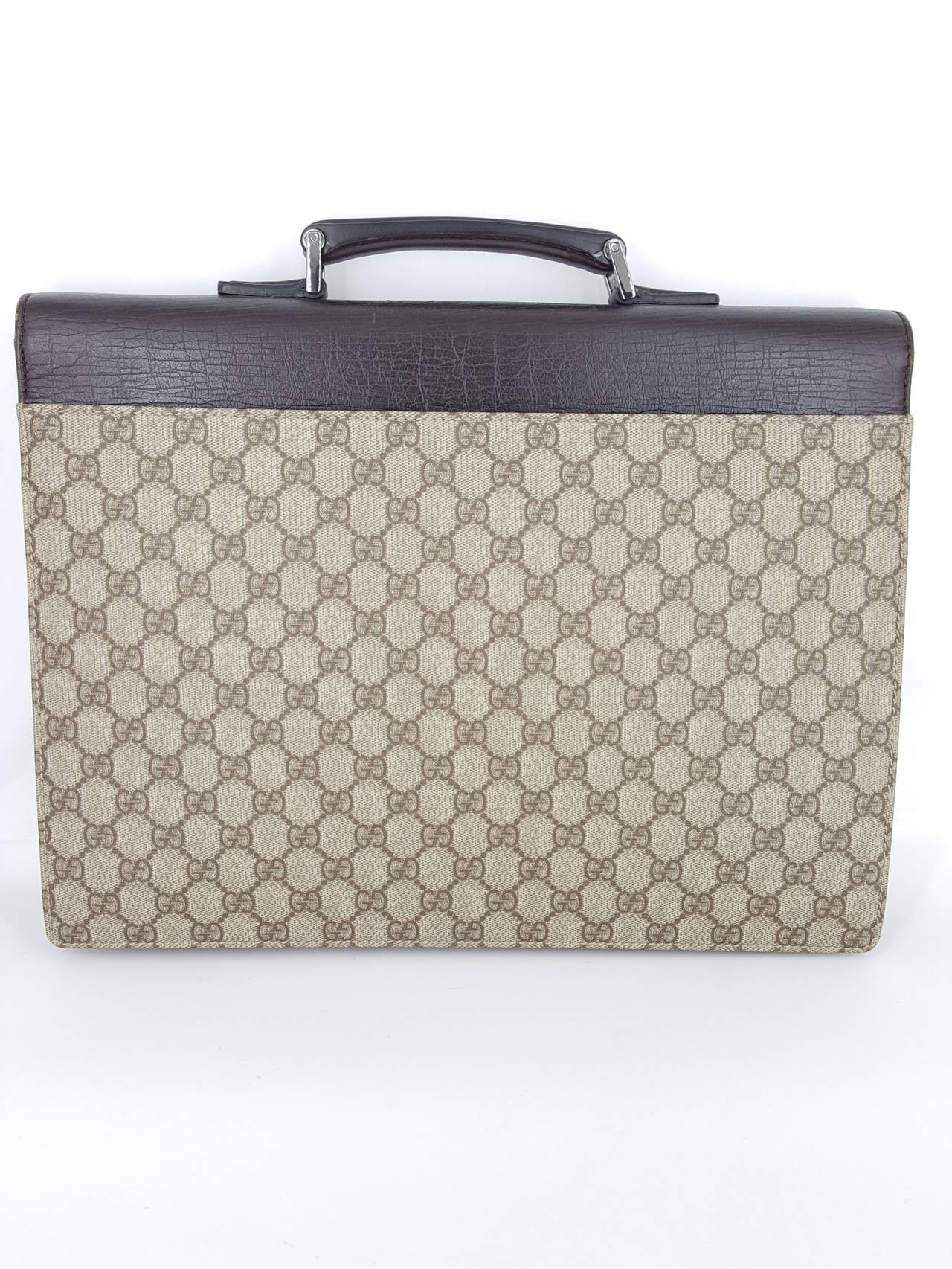Vintage GUCCI Briefcase In "GG" Print Canvas and Brown Leather Trim. at