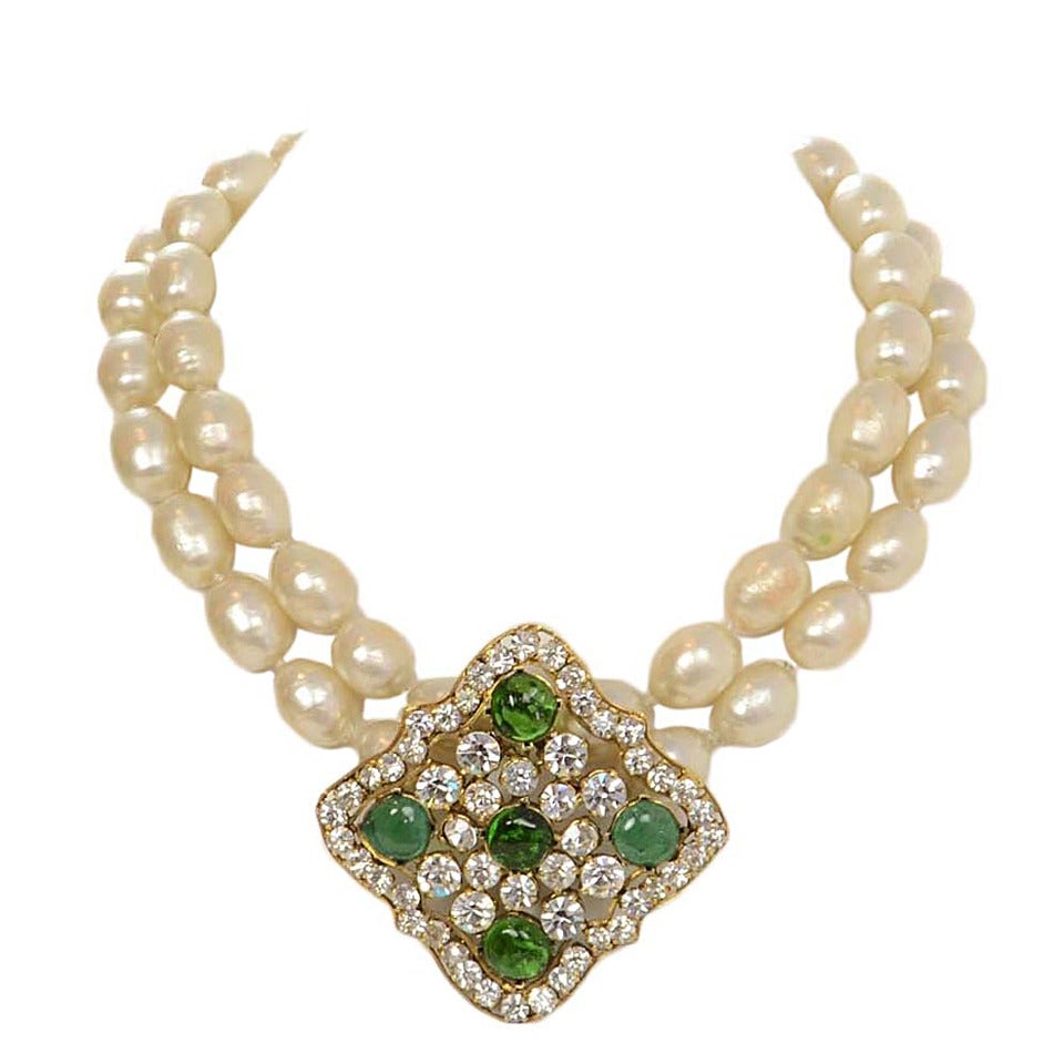 CHANEL Vintage Double Strand Pearl Necklace w/Rhinestone and Green