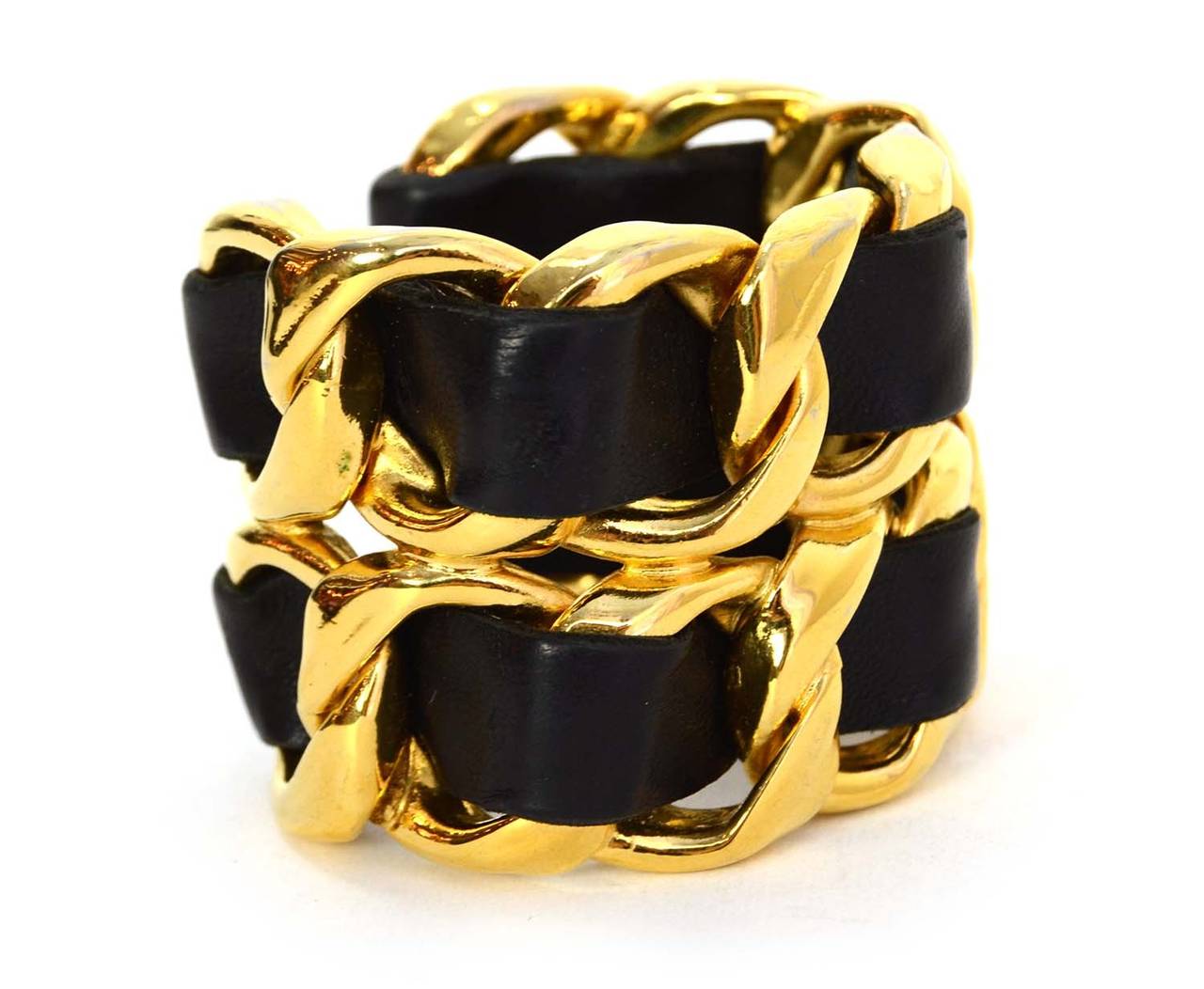 CHANEL Vintage '86 Black Leather Woven Gold Chain Link Cuff Bracelet